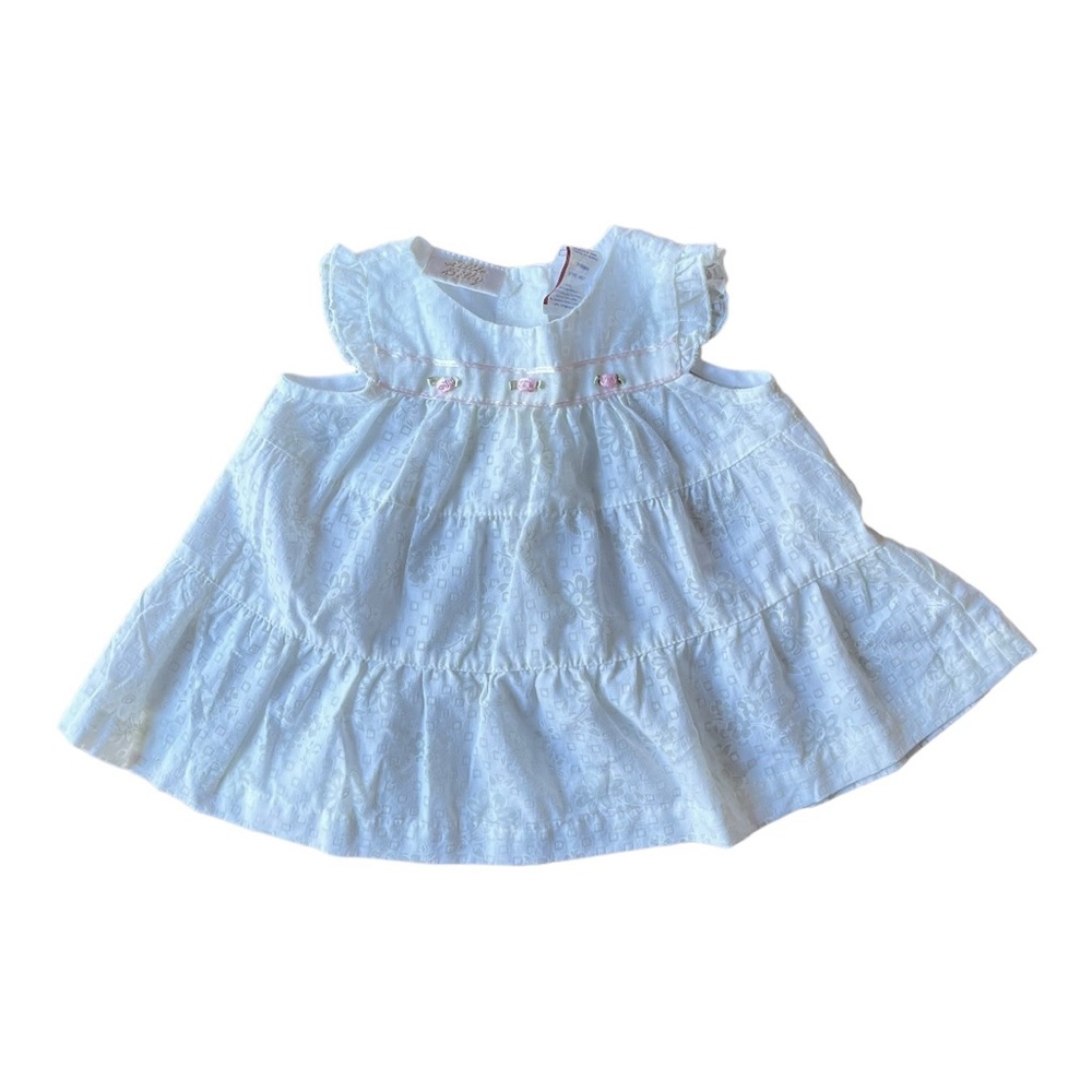 Little Bitty Vintage Baby Girls Dress in Ivory with Pink Ribbon Rosettes